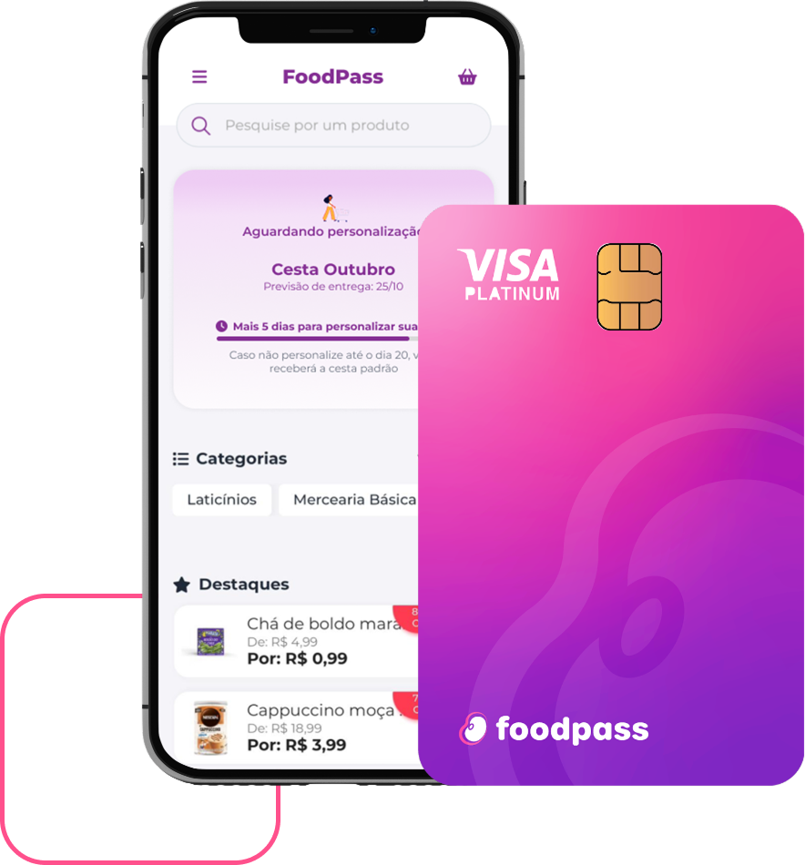 Celular exibindo o aplicativo Foodpass com o cartão ao lado.