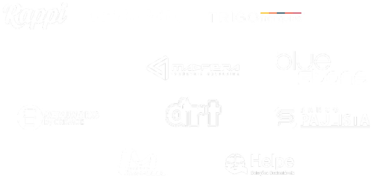 Painel com logos de empresas parceiras, como Rappi, Vedacit, Blue Stone, entre outras.