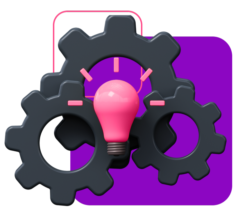 Ilustração abstrata com engrenagens e uma lâmpada, simbolizando gestão e ideias.